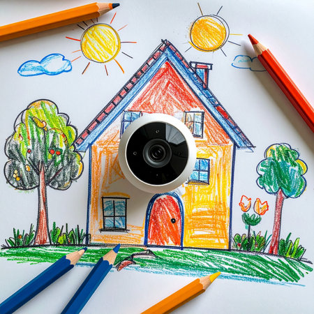 A child's colorful drawing of a happy home is watched over by a modern surveillance camera.の素材
