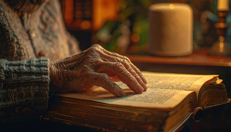 In the quiet warmth of a dimly lit room, an elderly person's wrinkled hands gently trace the lines of a well-loved, ancient book.の素材