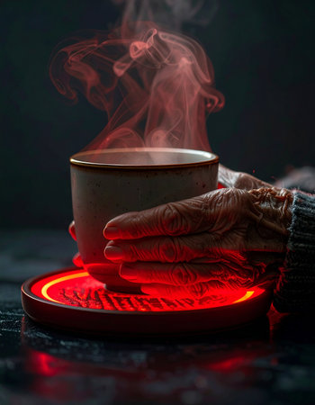 In a dark, quiet space, a pair of weathered hands finds comfort, wrapping around a steaming mug.の素材