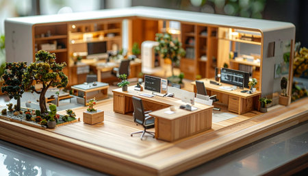 A meticulously crafted miniature model showcases a modern, open-plan office.の素材