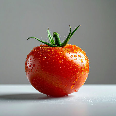A single, perfectly ripe red tomato, glistening with fresh water droplets as if just picked from the vine.の素材