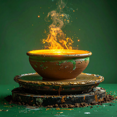From a weathered, ancient bowl resting on a rustic pedestal, magical flames rise with intense heat and swirling smoke.の素材