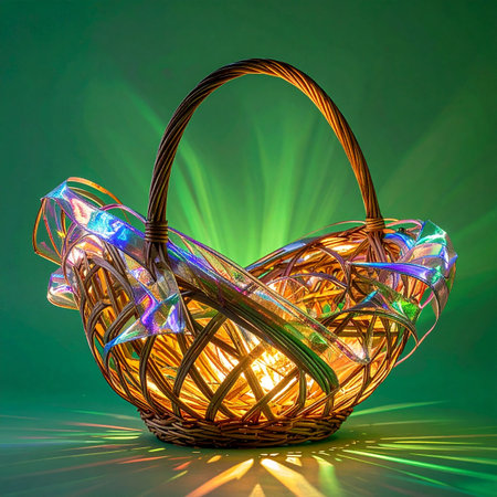 A simple wicker basket is transformed into an object of wonder, overflowing with a magical, iridescent light.の素材
