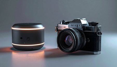 A classic analog film camera sits beside a modern smart speaker, creating a powerful visual metaphor for the evolution of technology.の素材