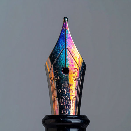 A macro photograph captures the exquisite detail of an iridescent fountain pen nib.の素材