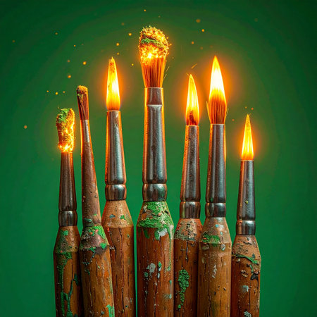 A collection of well-used artist's paintbrushes stands against a vibrant green backdrop, their tips ignited with a magical, fiery glow.の素材