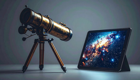 A vintage brass telescope stands beside a modern tablet displaying a vibrant galaxy, symbolizing the evolution of astronomy.の素材