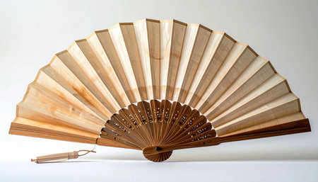 An elegant wooden hand fan rests open, showcasing its simple, natural beauty and traditional craftsmanship.の素材