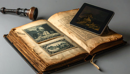 An ancient, leather-bound album, its pages yellowed with age, holds cherished memories from a bygone era. Resting upon its historic script is a modern tablet, its screen glowing with digital images.の素材