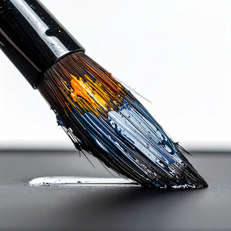 A close-up macro shot captures the intimate moment an artist's brush, loaded with vibrant blue and orange paint, makes its first contact with a dark surface.の素材