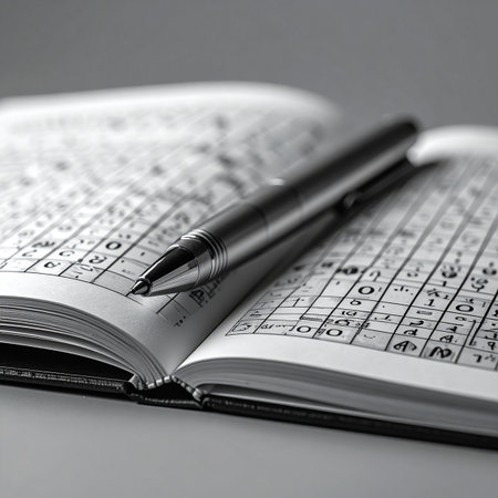 A close-up, black and white shot of a pen lying across the pages of an open notebook filled with a grid of numbers.の素材