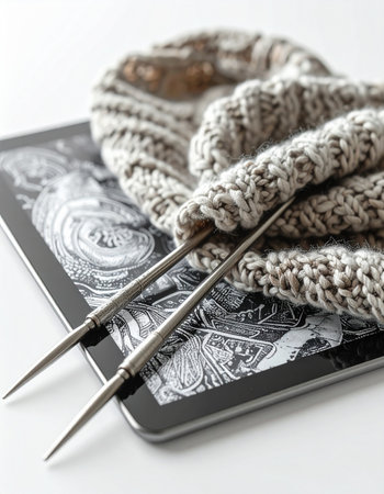 Bridging generations of craft, a cozy knitting project comes to life with the help of a digital pattern on a modern tablet.の素材