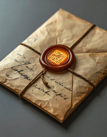 An old, crinkled parchment letter, tied with rustic twine, is secured by a glowing wax seal.の素材