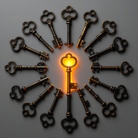 In a circle of many possibilities, one unique key glows with the promise of opportunity.の素材