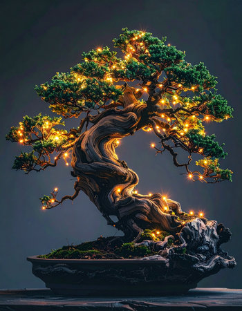 A miniature, ancient bonsai tree glows with a magical warmth, its gnarled branches adorned with tiny, festive lights.の素材