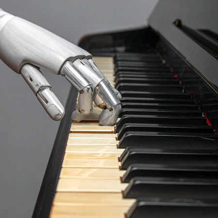 A robotic hand with metallic precision gracefully presses the keys of a piano, composing a melody.の素材