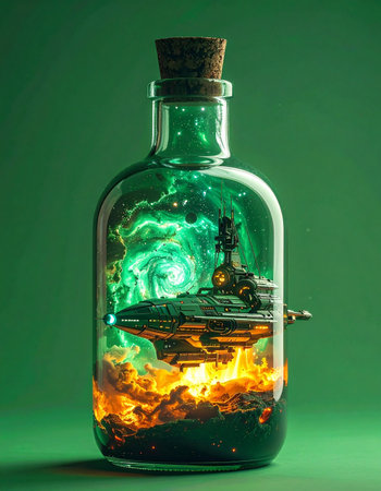 A miniature universe is captured within a glass bottle, where a futuristic spaceship hovers between a glowing green nebula and a fiery cosmic landscape.の素材