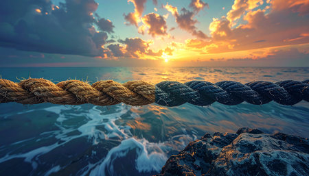A thick nautical rope stretches across the ocean, bridging the divide between the warm glow of a setting sun and the cool shadows of approaching night.の素材