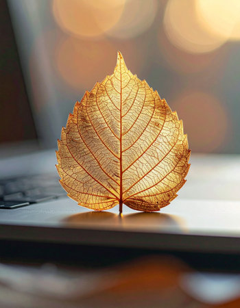 A single, glowing golden leaf rests on a modern laptop, its delicate veins illuminated by warm light.の素材