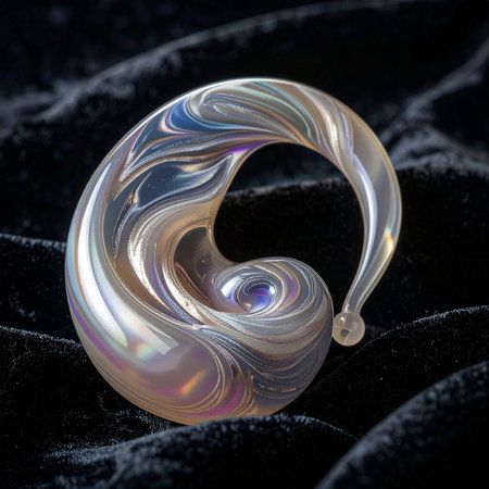 A beautifully crafted glass sculpture rests on a dark, plush surface.の素材