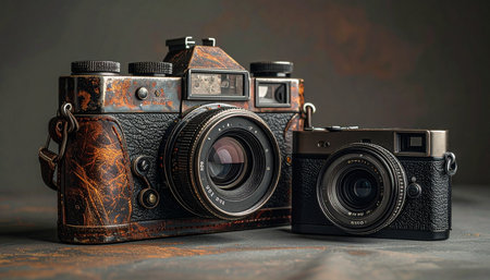 A pair of classic film cameras rest side-by-side, their worn surfaces telling stories of countless moments captured.の素材