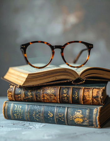 A pair of classic tortoiseshell glasses rests on an open book, marking a pause in a quiet session of study.の素材