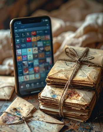 A modern smartphone with its glowing screen of applications rests beside a stack of old, forgotten letters tied with twine.の素材