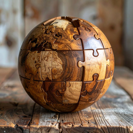 An intricately handcrafted wooden globe puzzle rests on a rustic wood surface.の素材