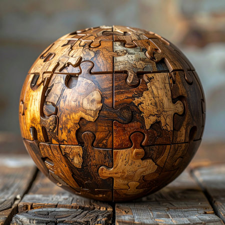 A handcrafted wooden globe, intricately designed as a jigsaw puzzle, rests on a rustic surface.の素材