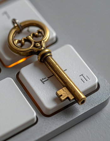 An antique brass key rests on a modern computer keyboard, symbolizing the bridge between traditional security and today's digital world.の素材
