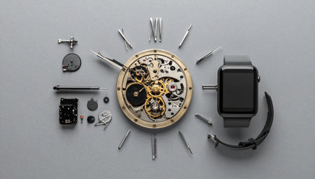 A conceptual flat lay showcasing the evolution of timekeeping, contrasting the intricate, disassembled gears of a classic mechanical watch with the sleek design of a modern smartwatch.の素材