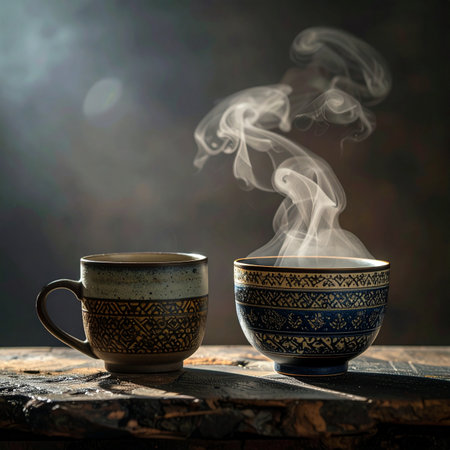In the quiet stillness of the early morning, two handcrafted ceramic cups sit on a weathered wooden table.の素材