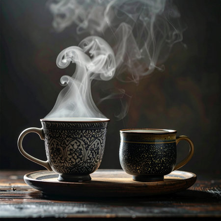 A quiet morning ritual begins as intricate, traditional mugs release fragrant swirls of steam.の素材