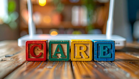 Colorful wooden blocks spelling 'CARE' sit in front of a modern Wi-Fi router, symbolizing the intersection of technology and human compassion.の素材