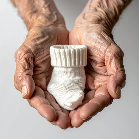 The wrinkled, weathered hands of an elderly person gently cup a single, tiny white baby sock.の素材