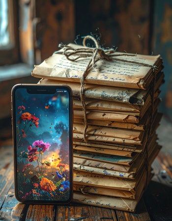 A modern smartphone, its screen glowing with a vibrant digital world, rests against a stack of antique, time-worn letters.の素材