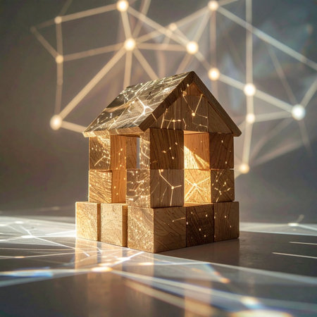 A miniature house constructed from modern blocks sits at the center of a projected digital plexus, symbolizing the fusion of home and technology.の素材