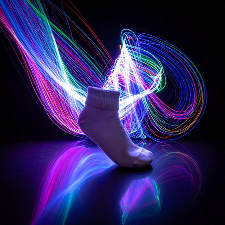 In a void of darkness, a simple white sock becomes the centerpiece of a spectacular display of energy.の素材