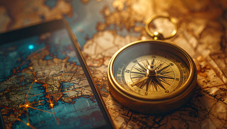 In the warm, low light of a study, a vintage brass compass rests upon an ancient map, its needle steady and true.の素材