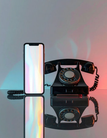 A sleek, modern smartphone with a blank screen stands beside a classic black rotary telephone, their reflections merging on a glossy surface.の素材