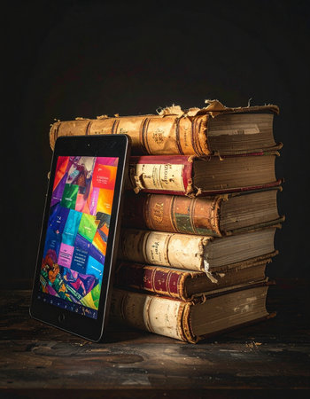 A modern digital tablet with a vibrant screen rests against a tall stack of ancient, leather-bound books.の素材