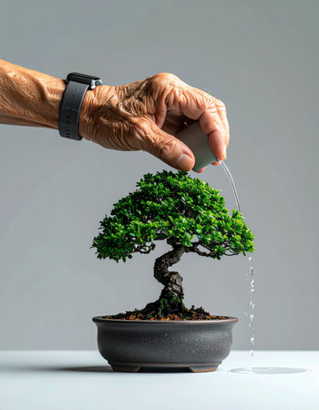 An elderly person's weathered hand gently pours water onto a miniature bonsai tree, a timeless ritual of care and dedication.の素材