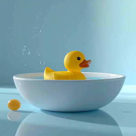A classic yellow rubber duck floats peacefully in a clean white bowl, surrounded by a calm blue environment.の素材
