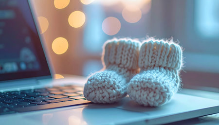 A pair of tiny, hand-knitted baby booties rests on a laptop, symbolizing the modern blend of work and the joyful anticipation of a new family member.の素材