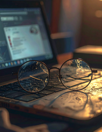 In the quiet glow of a computer screen, a pair of glasses rests on the keyboard, marking a pause in a long night of focused work.の素材