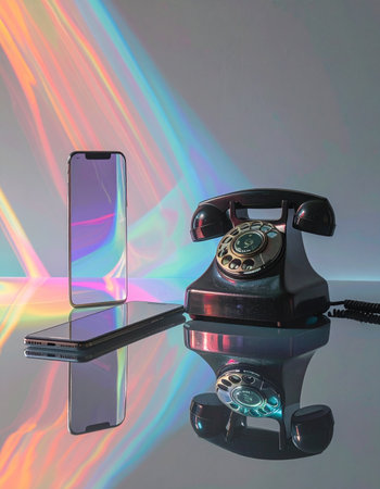 A striking visual metaphor for the evolution of communication, where a classic vintage rotary phone and a sleek modern smartphone sit side-by-side.の素材