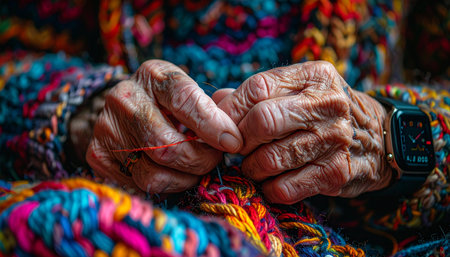 A close-up view captures the intricate map of a long life etched into a pair of wrinkled, elderly hands.の素材