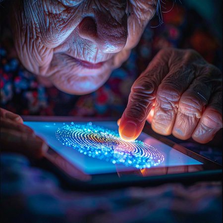 In the quiet darkness, an elderly woman's face is illuminated by the cool blue glow of her tablet.の素材