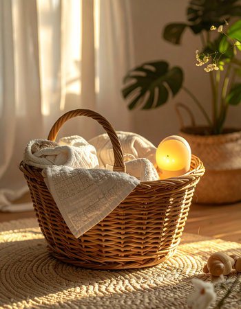 A wicker laundry basket filled with fresh, clean towels sits on a woven rug, bathed in the warm, golden glow of sunlight streaming through a window.の素材