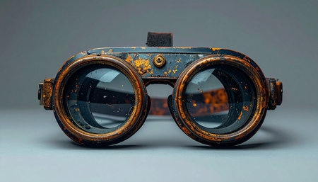 A pair of meticulously crafted steampunk goggles rests on a neutral surface, their copper and brass gears hinting at untold adventures.の素材